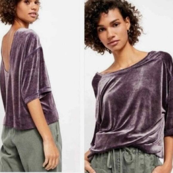 Free People We The Free Valerie Velvet Velour Short Sleeve Top Purple L - Picture 9 of 9